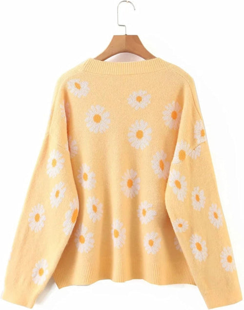 Unilexi Women's Floral Print Sweater V Neck Button Down Knitted Cardigan Long Sleeve Daisy Outerwear Coat - 7DAY'S