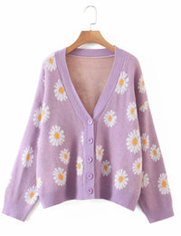 Unilexi Women's Floral Print Sweater V Neck Button Down Knitted Cardigan Long Sleeve Daisy Outerwear Coat - 7DAY'S