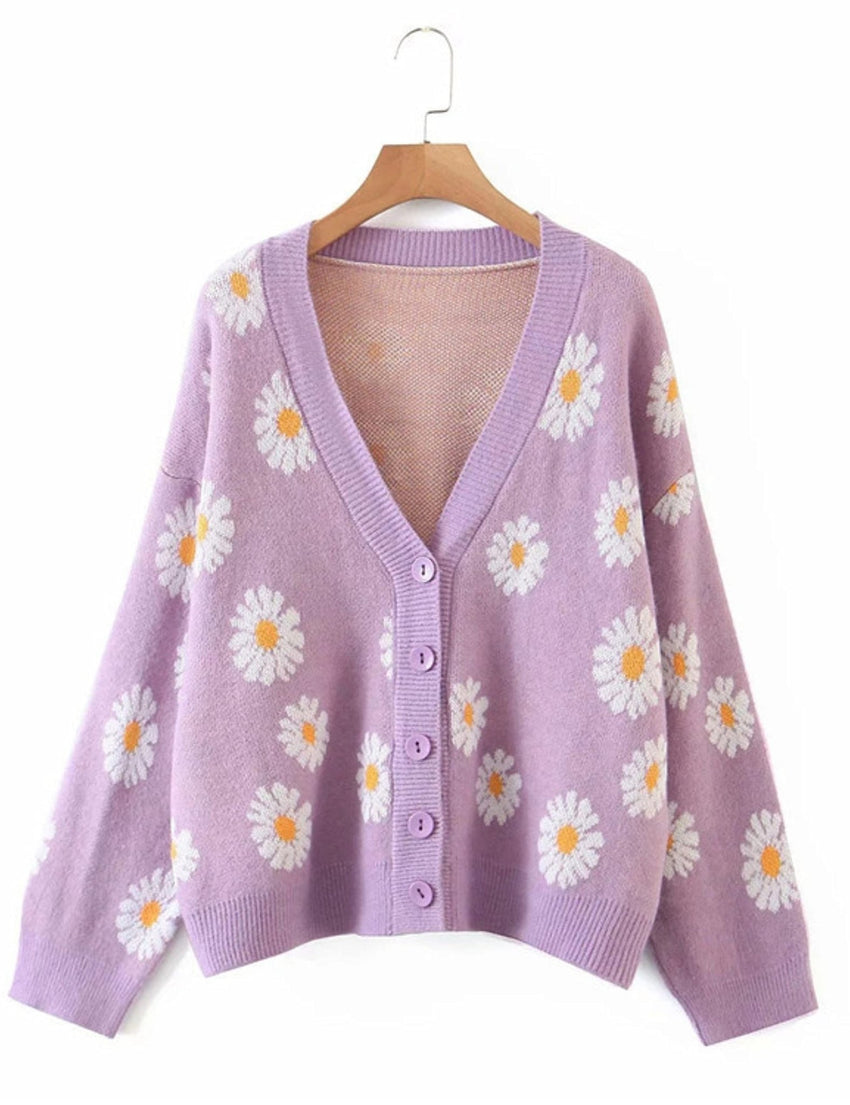 Unilexi Women's Floral Print Sweater V Neck Button Down Knitted Cardigan Long Sleeve Daisy Outerwear Coat - 7DAY'S
