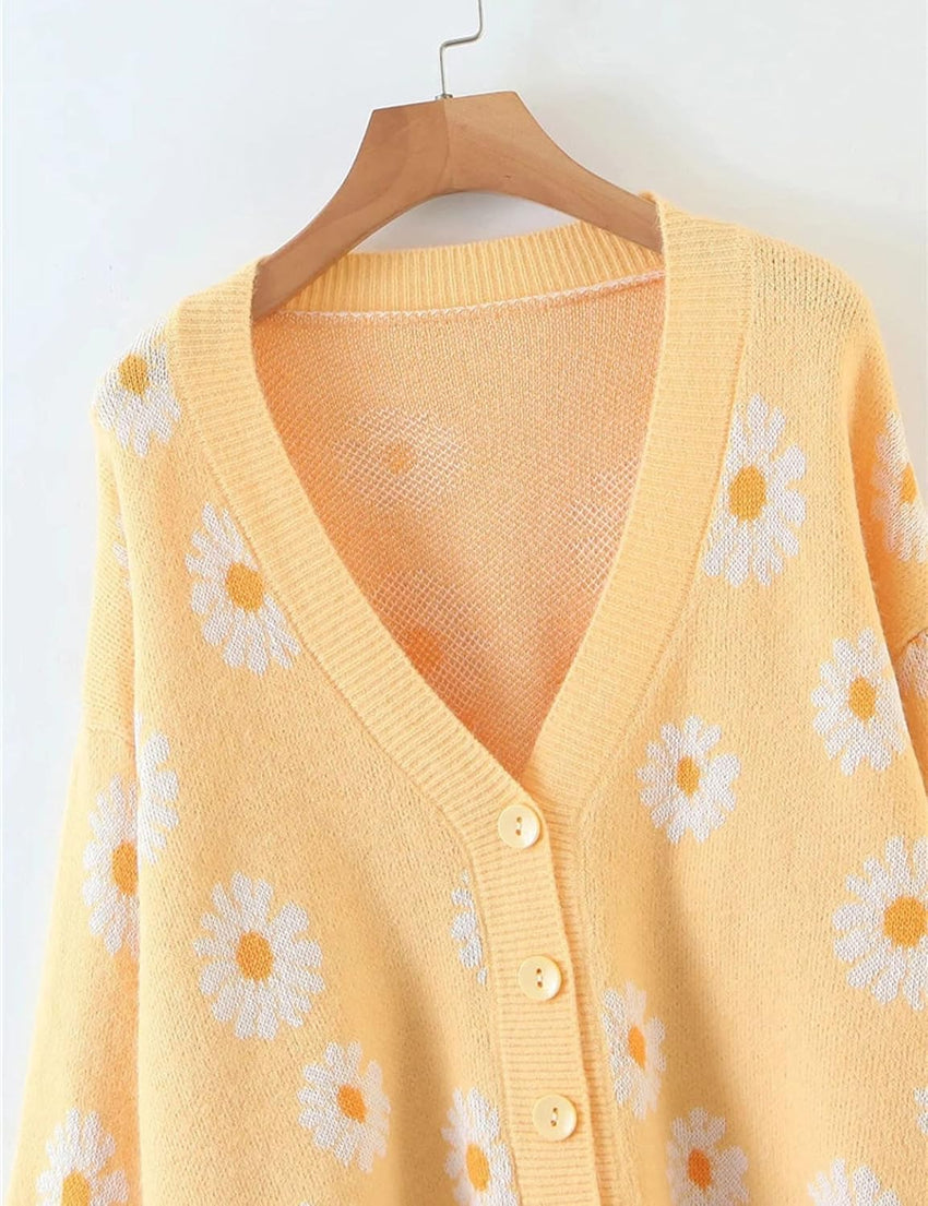 Unilexi Women's Floral Print Sweater V Neck Button Down Knitted Cardigan Long Sleeve Daisy Outerwear Coat - 7DAY'S