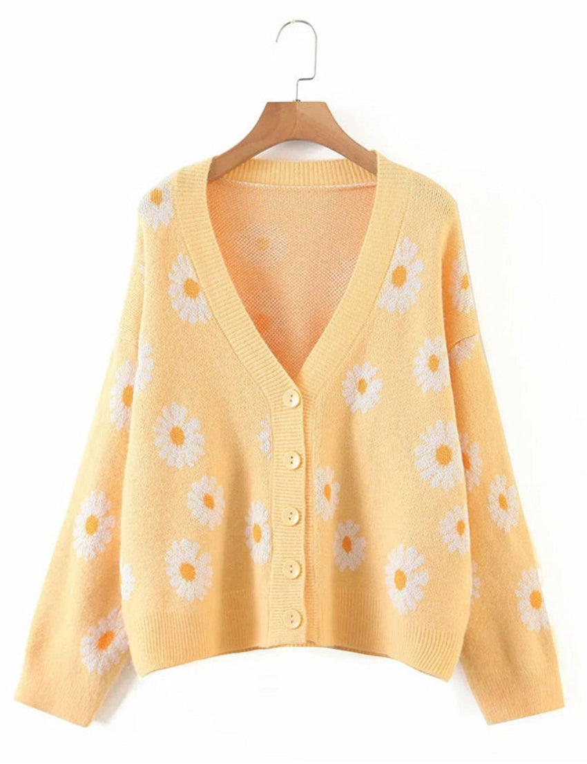 Unilexi Women's Floral Print Sweater V Neck Button Down Knitted Cardigan Long Sleeve Daisy Outerwear Coat - 7DAY'S