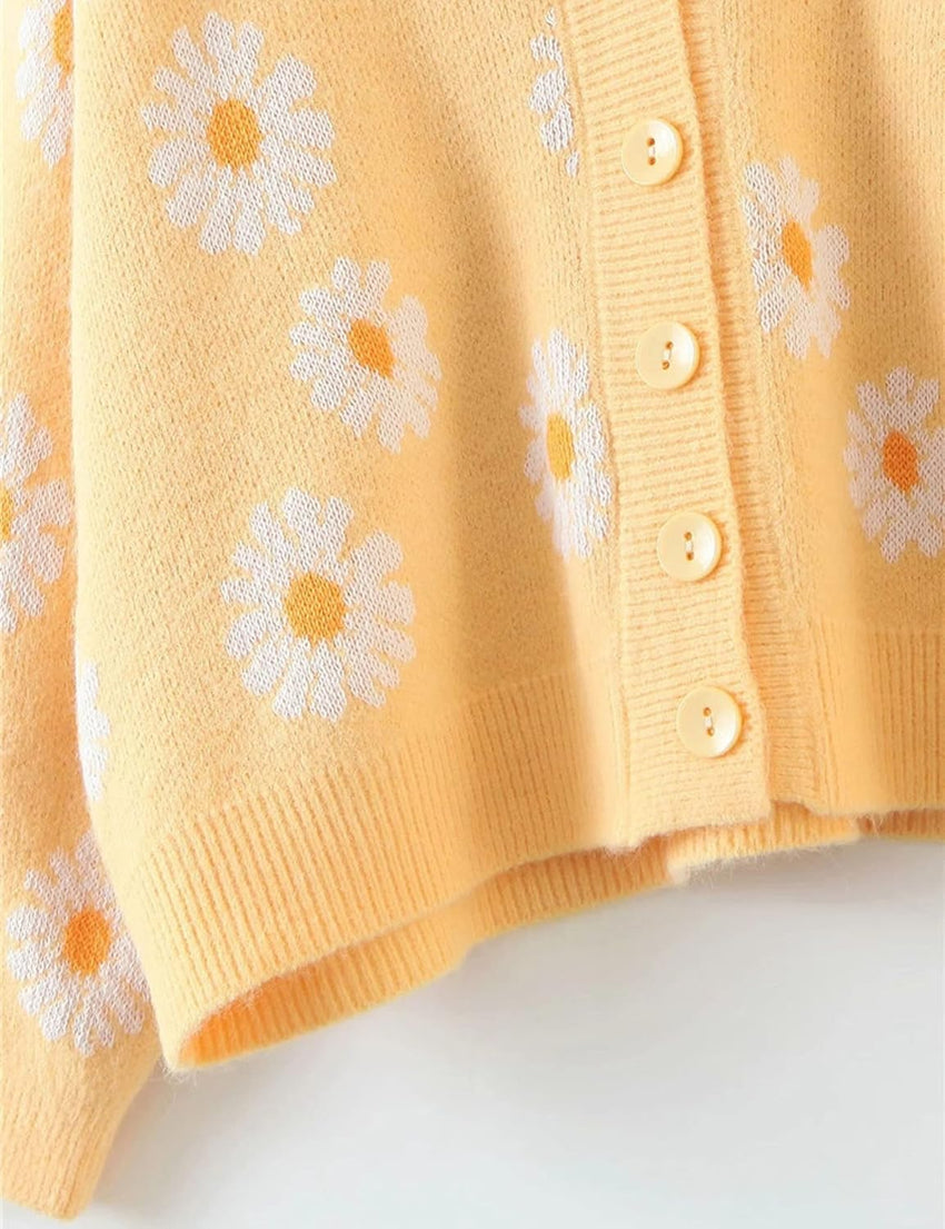 Unilexi Women's Floral Print Sweater V Neck Button Down Knitted Cardigan Long Sleeve Daisy Outerwear Coat - 7DAY'S