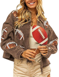 Unilexi Womens Football Jacket Cropped Frayed Hem Corduroy Jacket Coat Sequin Game Day Outfits for Women - 7DAY'S