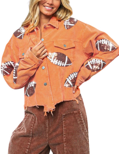 Unilexi Womens Football Jacket Cropped Frayed Hem Corduroy Jacket Coat Sequin Game Day Outfits for Women - 7DAY'S
