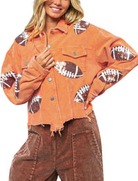Unilexi Womens Football Jacket Cropped Frayed Hem Corduroy Jacket Coat Sequin Game Day Outfits for Women - 7DAY'S