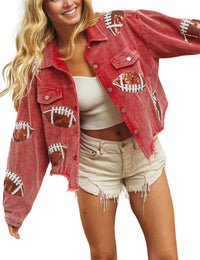 Unilexi Womens Football Jacket Cropped Frayed Hem Corduroy Jacket Coat Sequin Game Day Outfits for Women - 7DAY'S