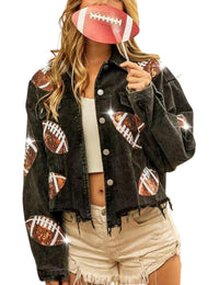 Unilexi Womens Football Jacket Cropped Frayed Hem Corduroy Jacket Coat Sequin Game Day Outfits for Women - 7DAY'S