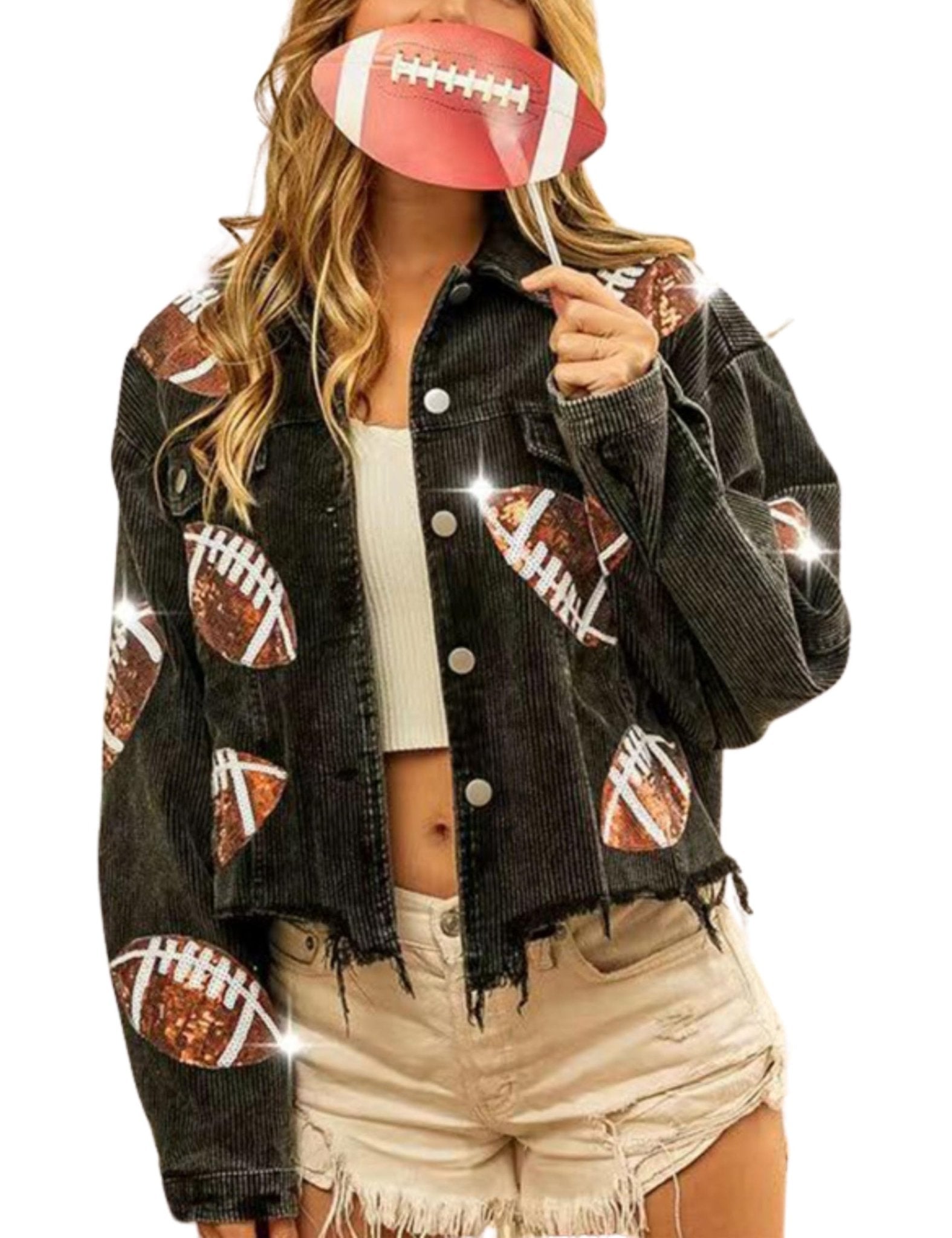 Unilexi Womens Football Jacket Cropped Frayed Hem Corduroy Jacket Coat Sequin Game Day Outfits for Women - 7DAY'S