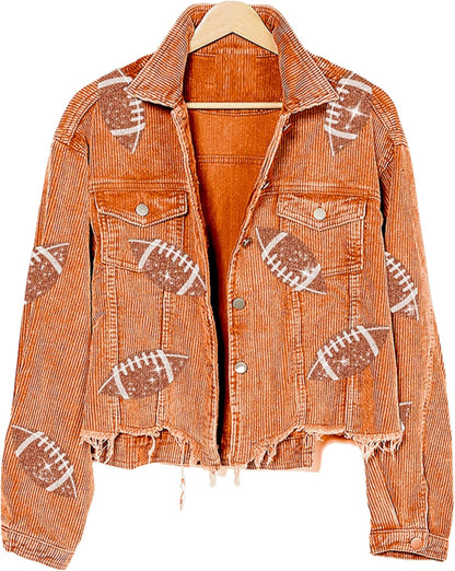 Unilexi Womens Football Jacket Cropped Frayed Hem Corduroy Jacket Coat Sequin Game Day Outfits for Women - 7DAY'S