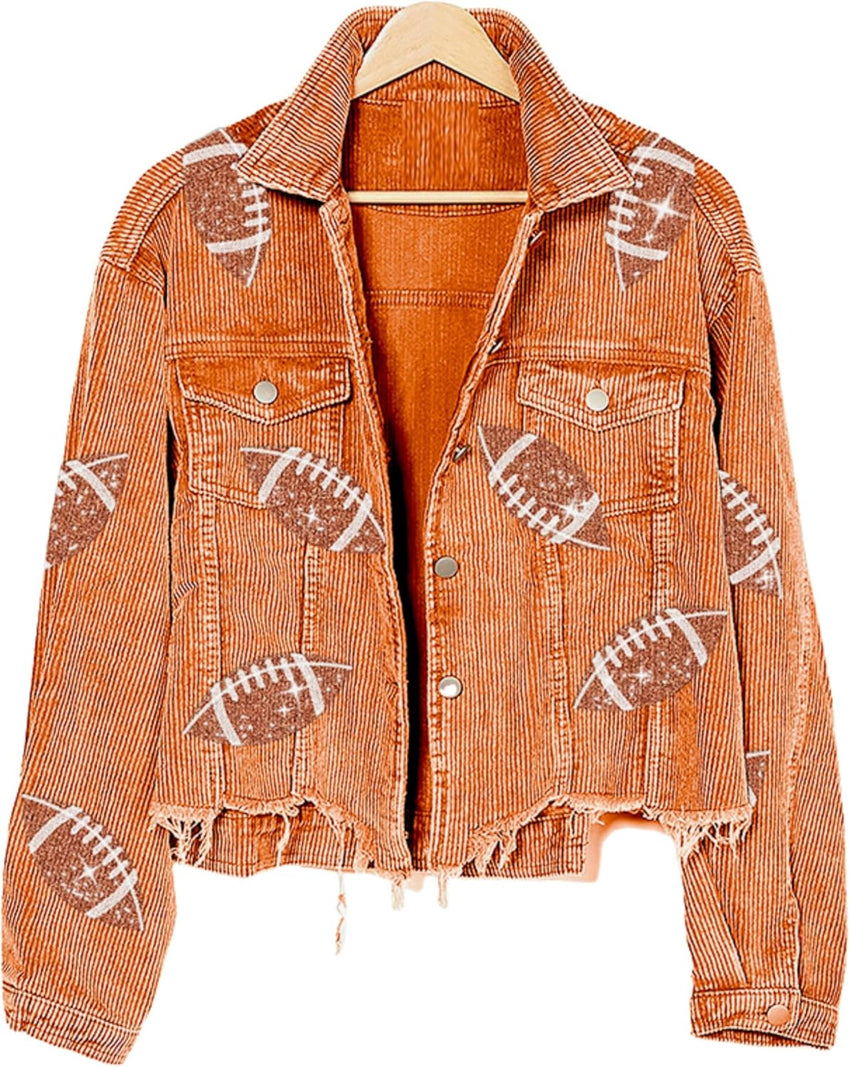 Unilexi Womens Football Jacket Cropped Frayed Hem Corduroy Jacket Coat Sequin Game Day Outfits for Women - 7DAY'S
