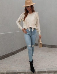 Unilexi Womens Long Sleeve Solid Color Crew Neck Sweater Loose Front Fringe Knit Tops - 7DAY'S