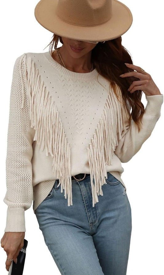 Unilexi Womens Long Sleeve Solid Color Crew Neck Sweater Loose Front Fringe Knit Tops - 7DAY'S
