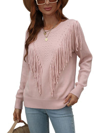Unilexi Womens Long Sleeve Solid Color Crew Neck Sweater Loose Front Fringe Knit Tops - 7DAY'S