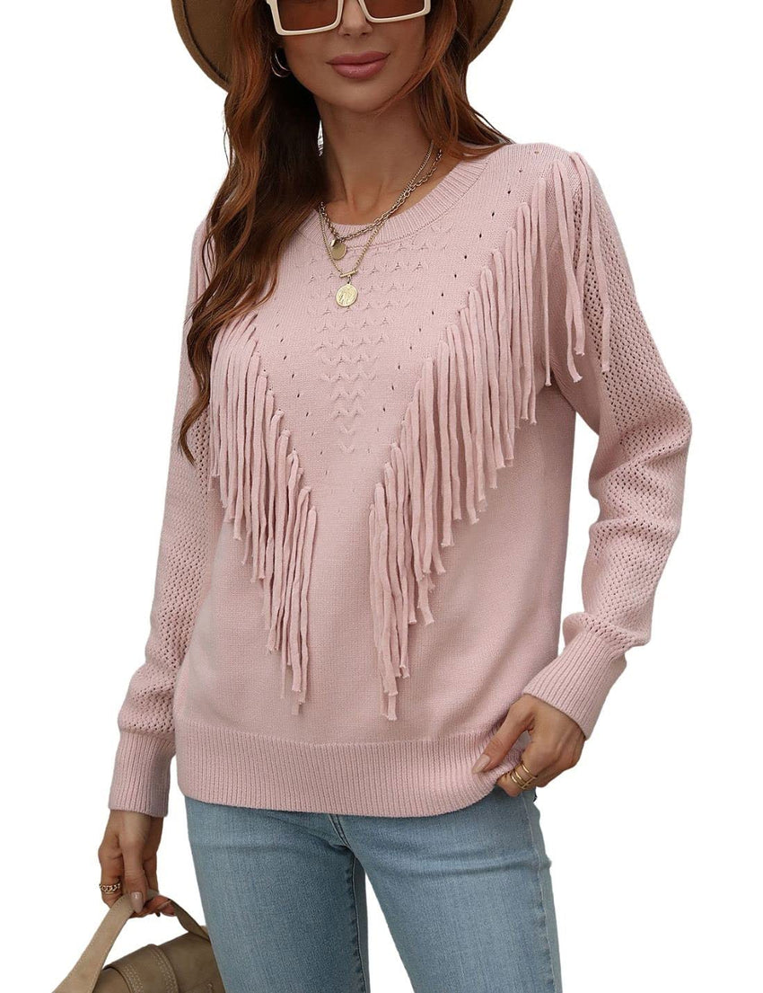 Unilexi Womens Long Sleeve Solid Color Crew Neck Sweater Loose Front Fringe Knit Tops - 7DAY'S