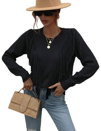 Unilexi Womens Long Sleeve Solid Color Crew Neck Sweater Loose Front Fringe Knit Tops - 7DAY'S