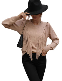 Unilexi Womens Long Sleeve Solid Color Crew Neck Sweater Loose Front Fringe Knit Tops - 7DAY'S