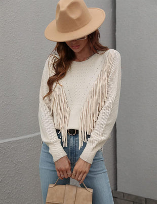 Unilexi Womens Long Sleeve Solid Color Crew Neck Sweater Loose Front Fringe Knit Tops - 7DAY'S