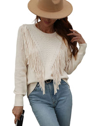 Unilexi Womens Long Sleeve Solid Color Crew Neck Sweater Loose Front Fringe Knit Tops - 7DAY'S