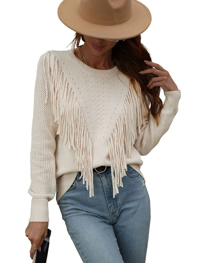Unilexi Womens Long Sleeve Solid Color Crew Neck Sweater Loose Front Fringe Knit Tops - 7DAY'S