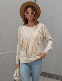 Unilexi Womens Long Sleeve Solid Color Crew Neck Sweater Loose Front Fringe Knit Tops - 7DAY'S