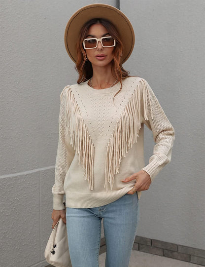 Unilexi Womens Long Sleeve Solid Color Crew Neck Sweater Loose Front Fringe Knit Tops - 7DAY'S