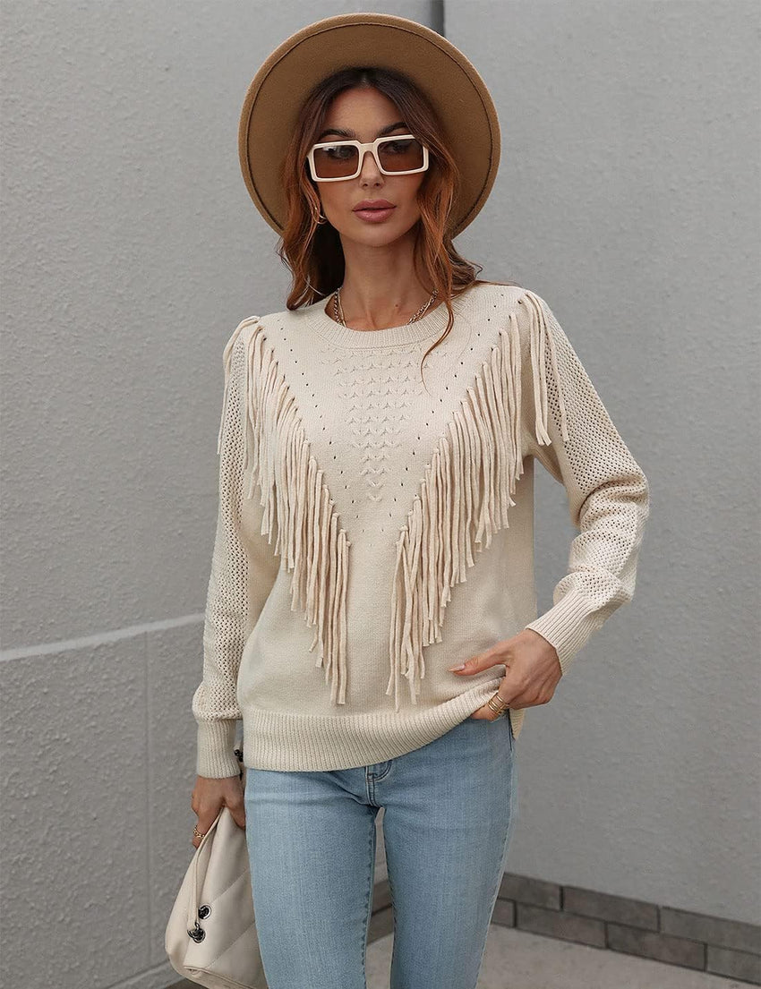 Unilexi Womens Long Sleeve Solid Color Crew Neck Sweater Loose Front Fringe Knit Tops - 7DAY'S