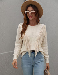 Unilexi Womens Long Sleeve Solid Color Crew Neck Sweater Loose Front Fringe Knit Tops - 7DAY'S