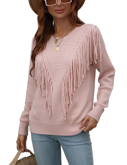 Unilexi Womens Long Sleeve Solid Color Crew Neck Sweater Loose Front Fringe Knit Tops - 7DAY'S