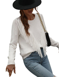 Unilexi Womens Long Sleeve Solid Color Crew Neck Sweater Loose Front Fringe Knit Tops - 7DAY'S