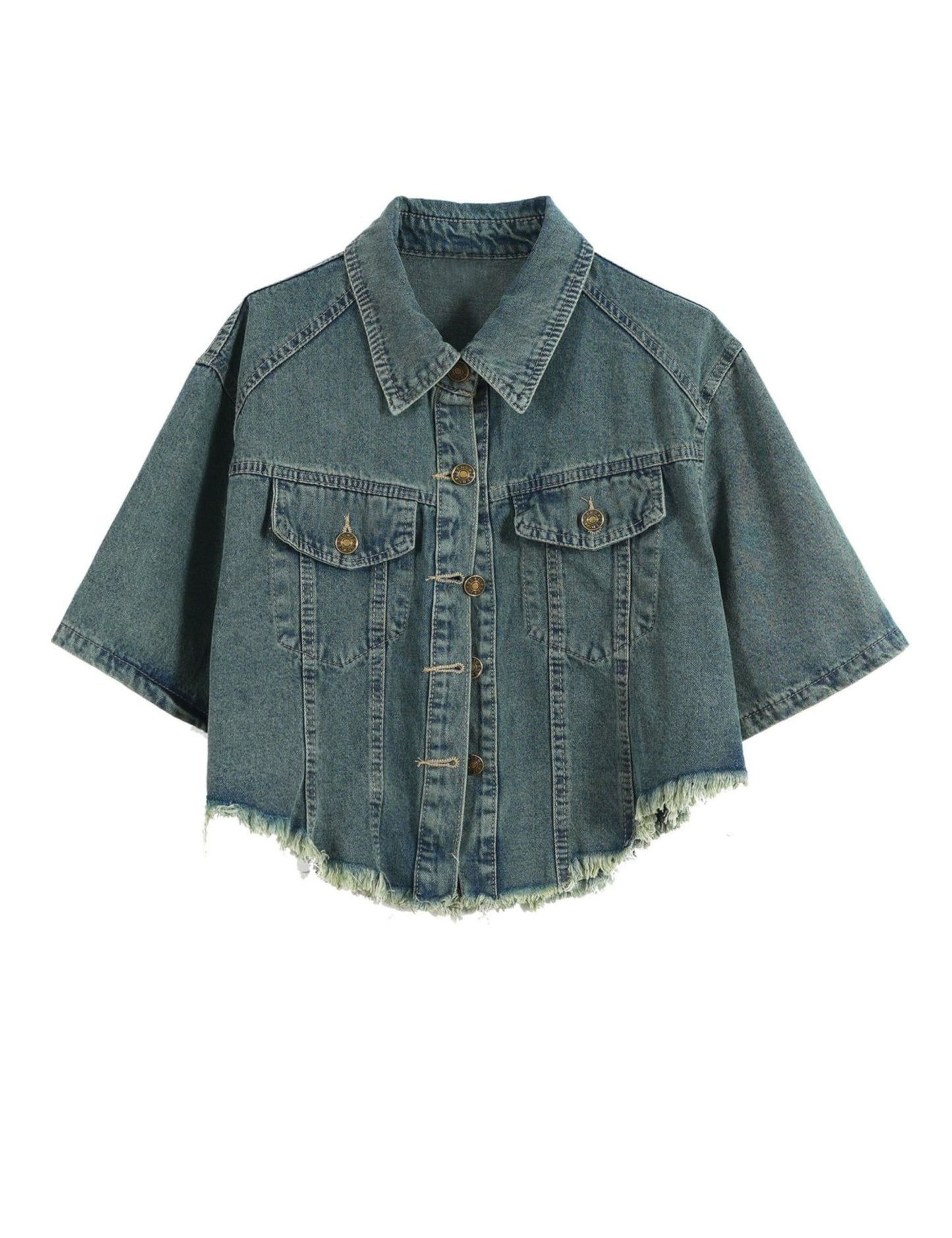 Unilexi Womens Loose and Versatile High Waist Cropped Denim Jacket Short Sleeve Distressed Frayed Fashion Overcoat - 7DAY'S