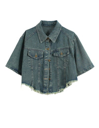 Unilexi Womens Loose and Versatile High Waist Cropped Denim Jacket Short Sleeve Distressed Frayed Fashion Overcoat - 7DAY'S