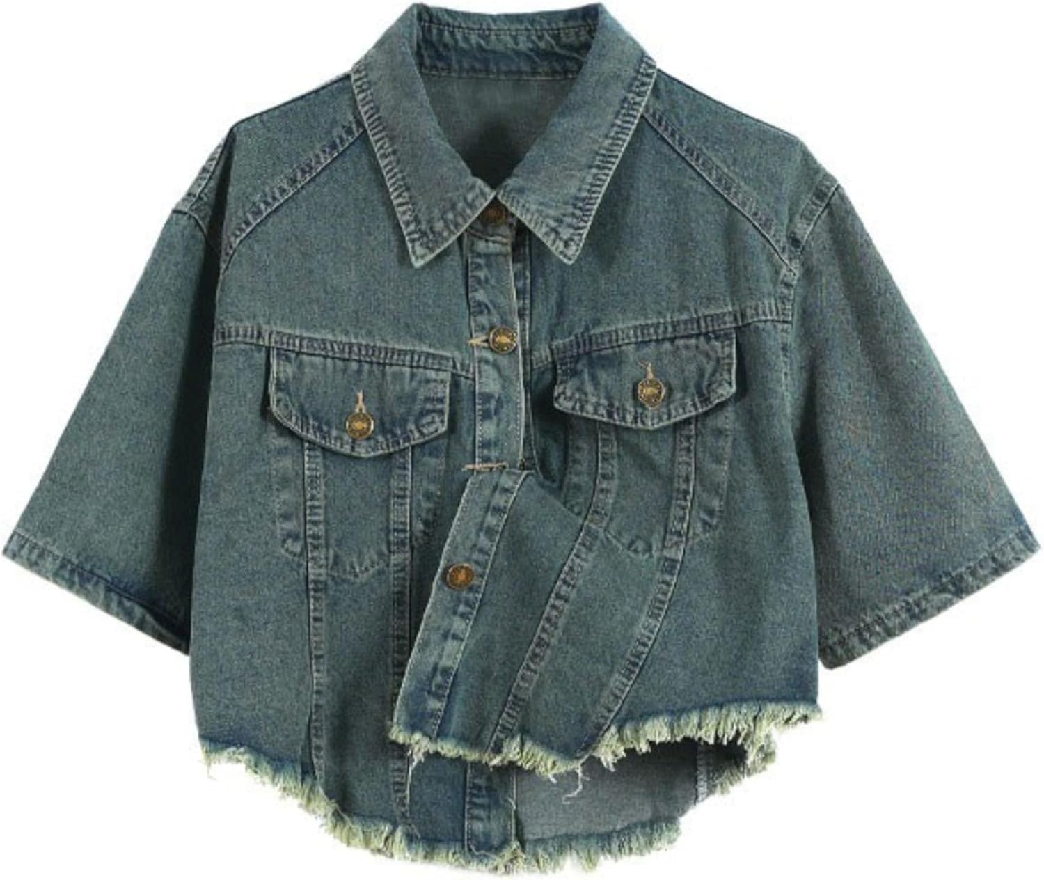 Unilexi Womens Loose and Versatile High Waist Cropped Denim Jacket Short Sleeve Distressed Frayed Fashion Overcoat - 7DAY'S