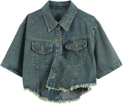 Unilexi Womens Loose and Versatile High Waist Cropped Denim Jacket Short Sleeve Distressed Frayed Fashion Overcoat - 7DAY'S