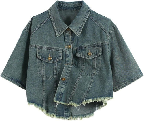 Unilexi Womens Loose and Versatile High Waist Cropped Denim Jacket Short Sleeve Distressed Frayed Fashion Overcoat - 7DAY'S