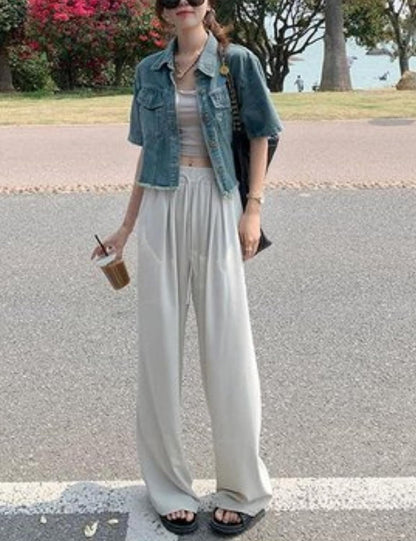 Unilexi Womens Loose and Versatile High Waist Cropped Denim Jacket Short Sleeve Distressed Frayed Fashion Overcoat - 7DAY'S