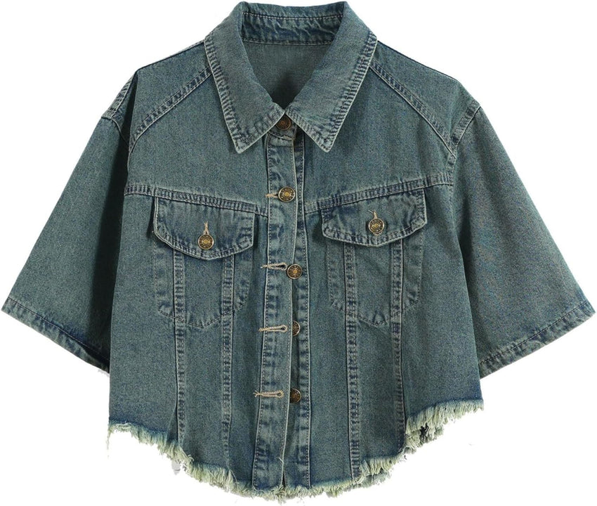 Unilexi Womens Loose and Versatile High Waist Cropped Denim Jacket Short Sleeve Distressed Frayed Fashion Overcoat - 7DAY'S