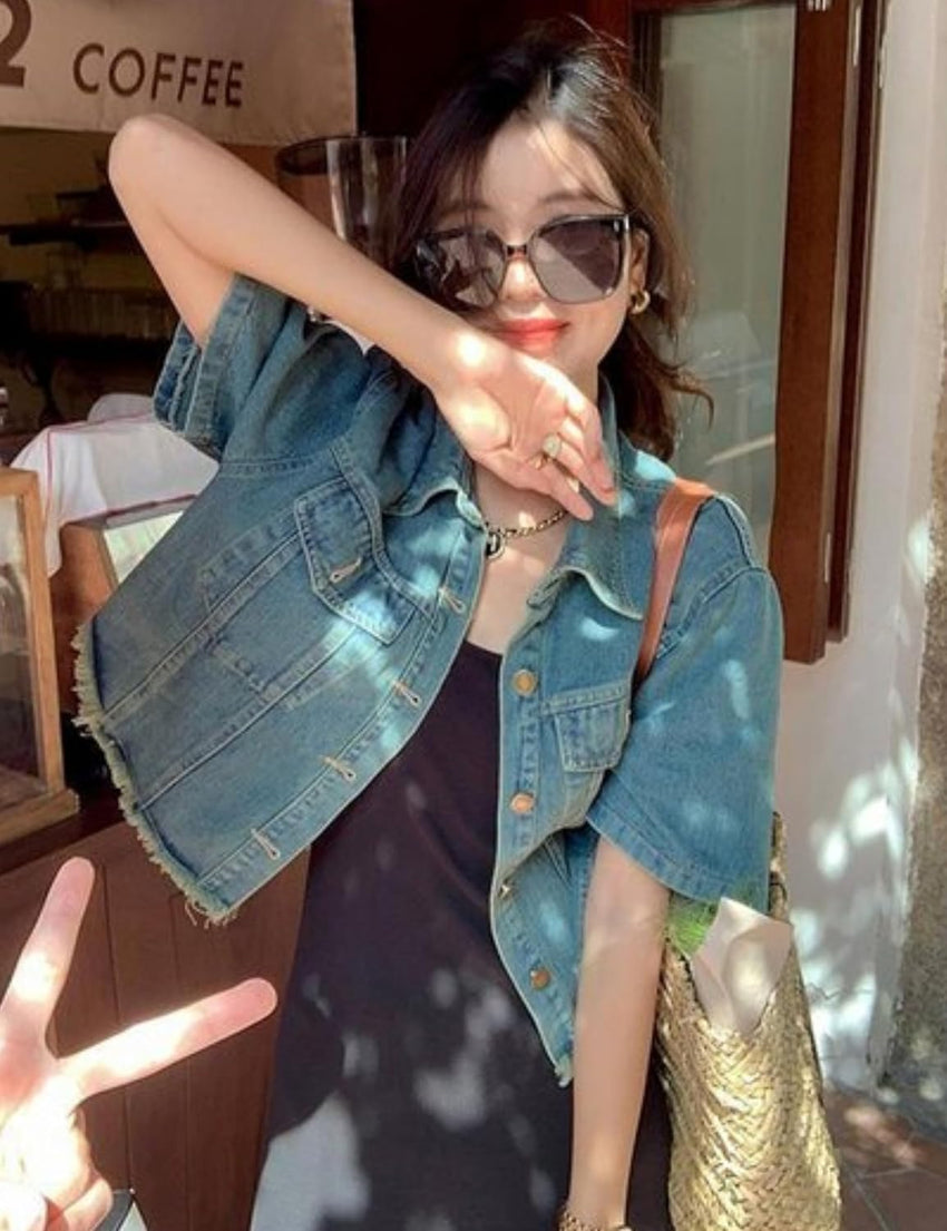 Unilexi Womens Loose and Versatile High Waist Cropped Denim Jacket Short Sleeve Distressed Frayed Fashion Overcoat - 7DAY'S
