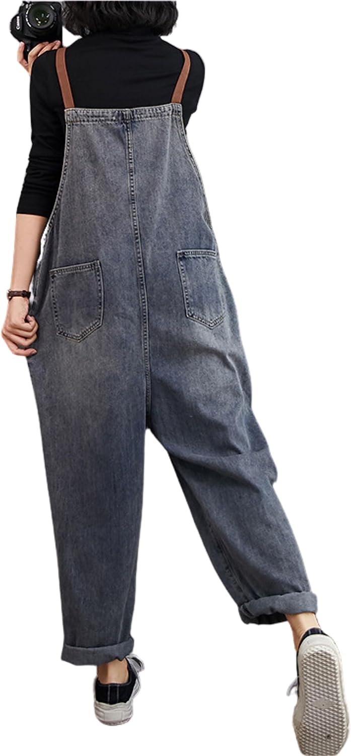 Unilexi Women’s Loose Baggy Adjustable Straps Wide Leg Jean Overalls Bib Pants Casual Cropped Denim Jumpsuit - 7DAY'S