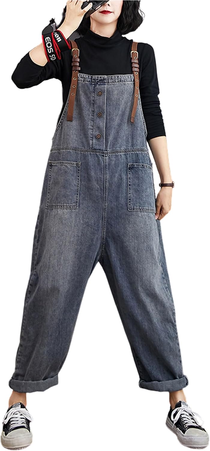 Unilexi Women’s Loose Baggy Adjustable Straps Wide Leg Jean Overalls Bib Pants Casual Cropped Denim Jumpsuit - 7DAY'S