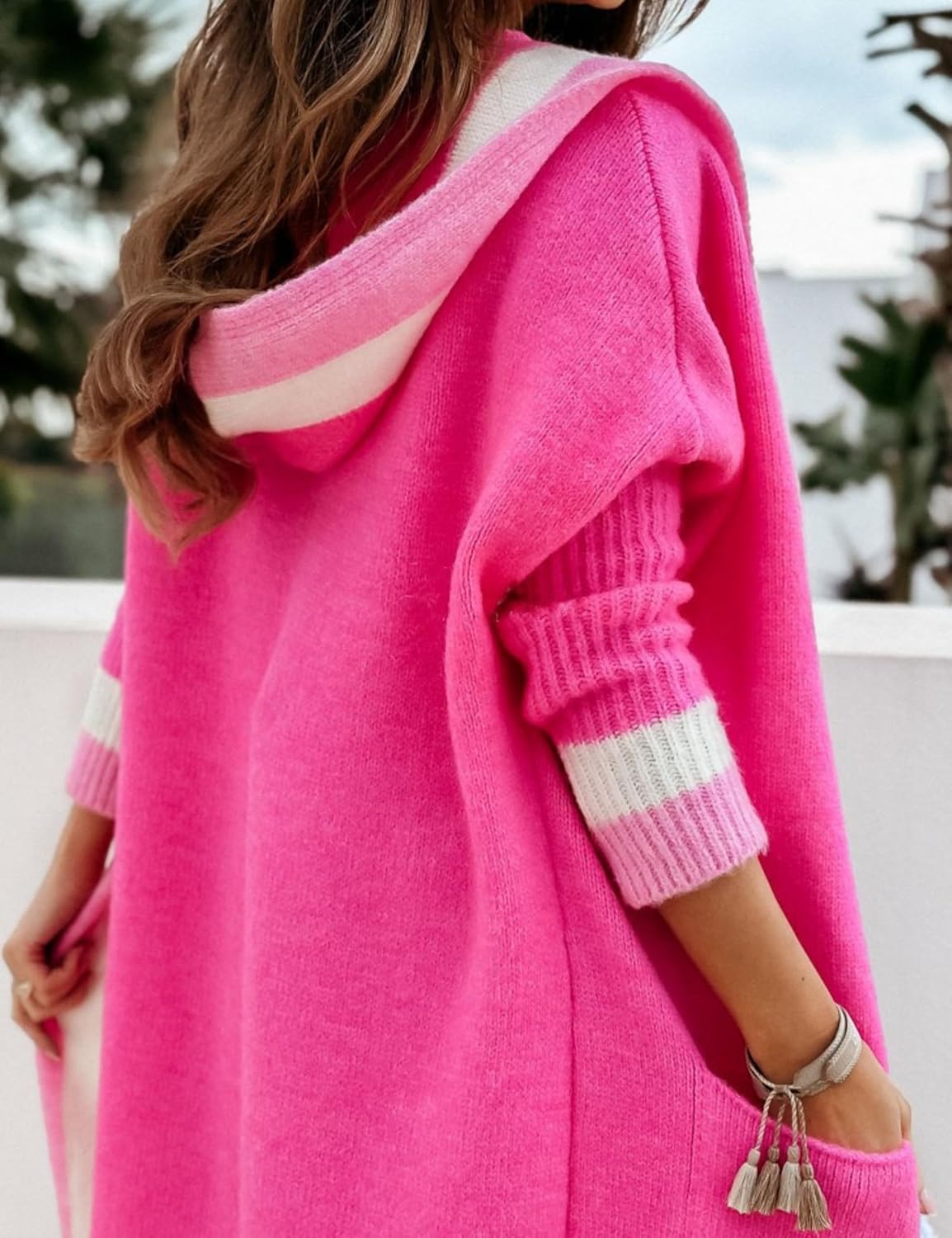 Unilexi Womens Loose Colorful Long Cardigan Sweater Oversized Striped Open Front Hooded with Pockets - 7DAY'S