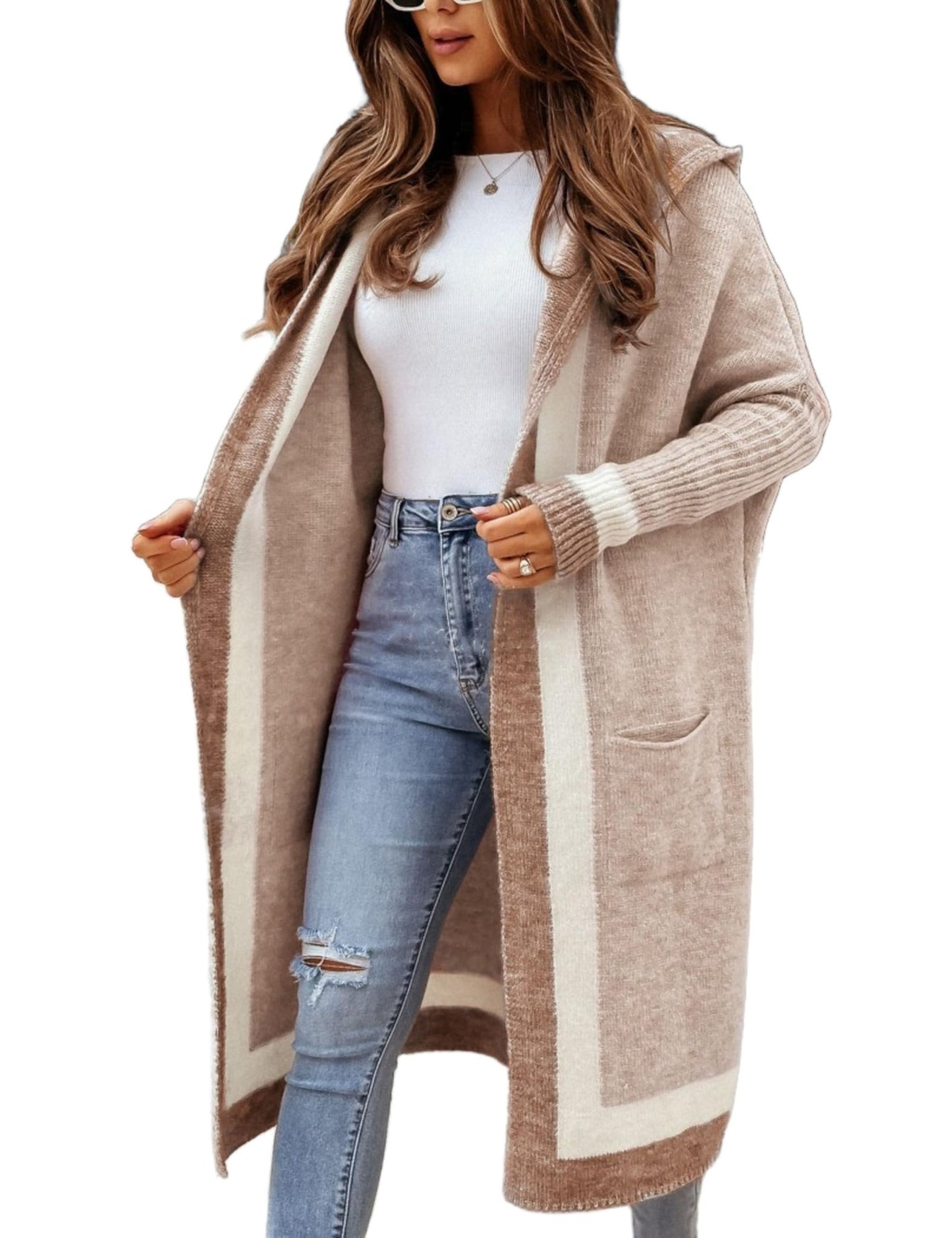 Unilexi Womens Loose Colorful Long Cardigan Sweater Oversized Striped Open Front Hooded with Pockets - 7DAY'S