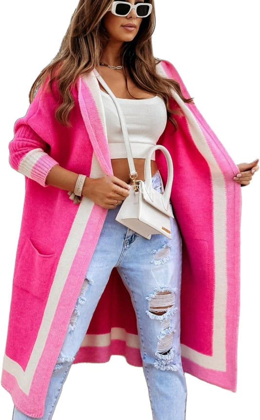 Unilexi Womens Loose Colorful Long Cardigan Sweater Oversized Striped Open Front Hooded with Pockets - 7DAY'S