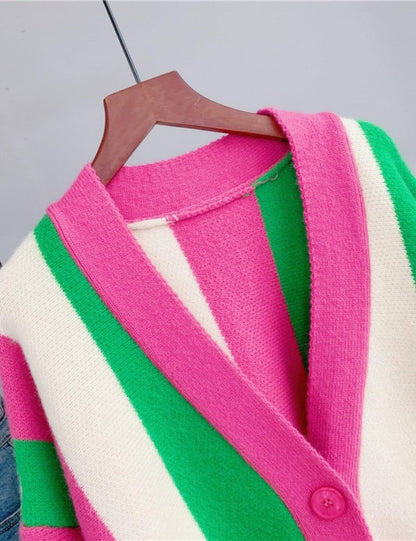 Unilexi Womens Loose Long Sleeve Rainbow Striped Cardigans Sweater Boho Color Block Chunky Knitted Tops - 7DAY'S