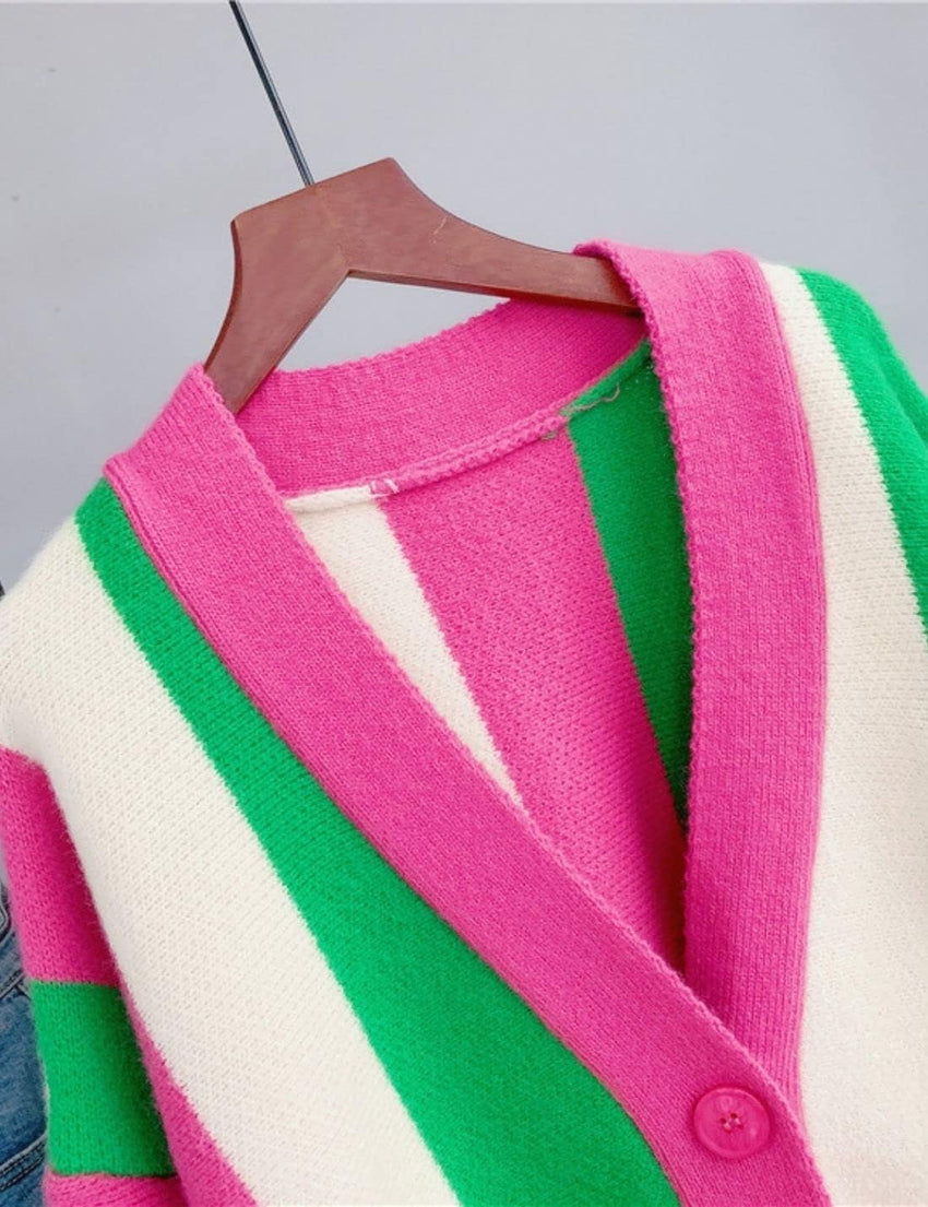 Unilexi Womens Loose Long Sleeve Rainbow Striped Cardigans Sweater Boho Color Block Chunky Knitted Tops - 7DAY'S