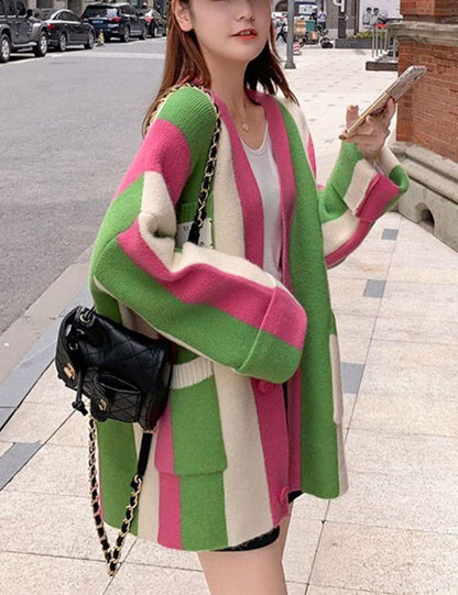 Unilexi Womens Loose Long Sleeve Rainbow Striped Cardigans Sweater Boho Color Block Chunky Knitted Tops - 7DAY'S