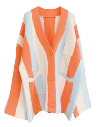 Unilexi Womens Loose Long Sleeve Rainbow Striped Cardigans Sweater Boho Color Block Chunky Knitted Tops - 7DAY'S