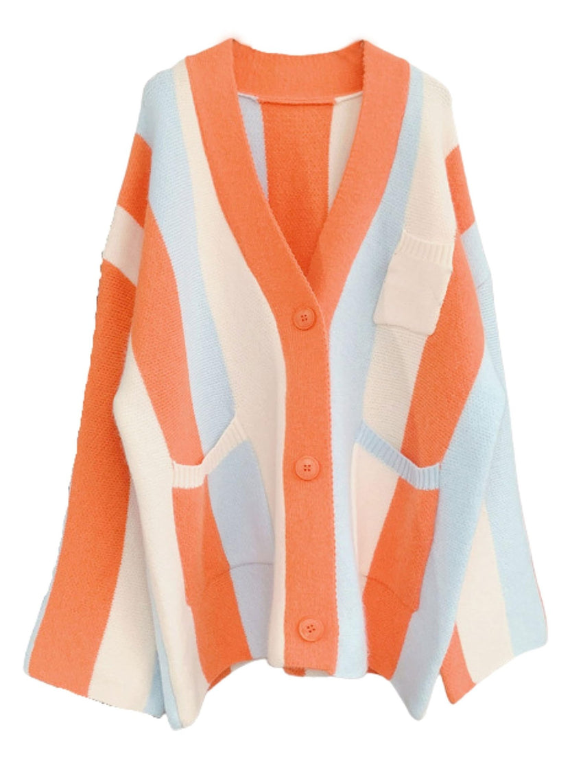 Unilexi Womens Loose Long Sleeve Rainbow Striped Cardigans Sweater Boho Color Block Chunky Knitted Tops - 7DAY'S