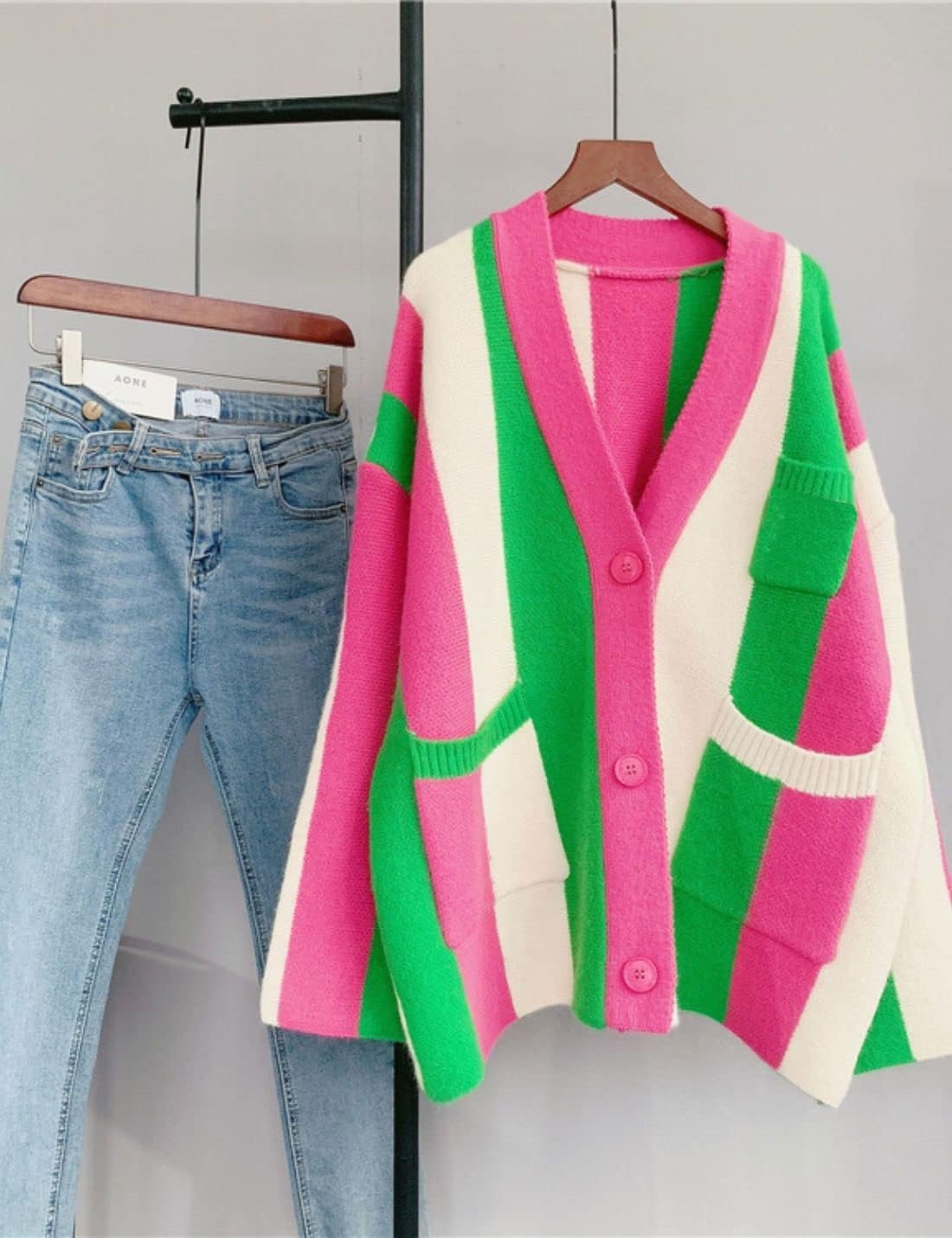 Unilexi Womens Loose Long Sleeve Rainbow Striped Cardigans Sweater Boho Color Block Chunky Knitted Tops - 7DAY'S