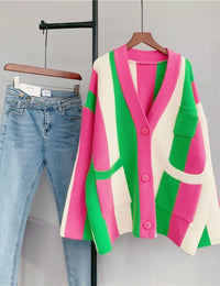 Unilexi Womens Loose Long Sleeve Rainbow Striped Cardigans Sweater Boho Color Block Chunky Knitted Tops - 7DAY'S