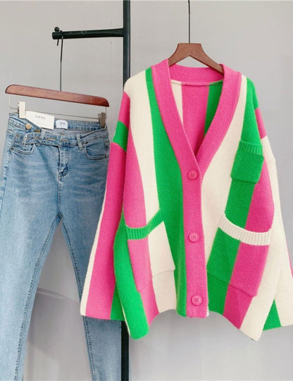 Unilexi Womens Loose Long Sleeve Rainbow Striped Cardigans Sweater Boho Color Block Chunky Knitted Tops - 7DAY'S